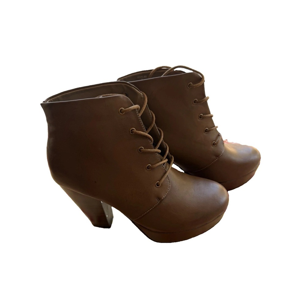 Brown Faux Leather Lace Up Platform Ankle Booties High Chunky Heel Shoes Size 9